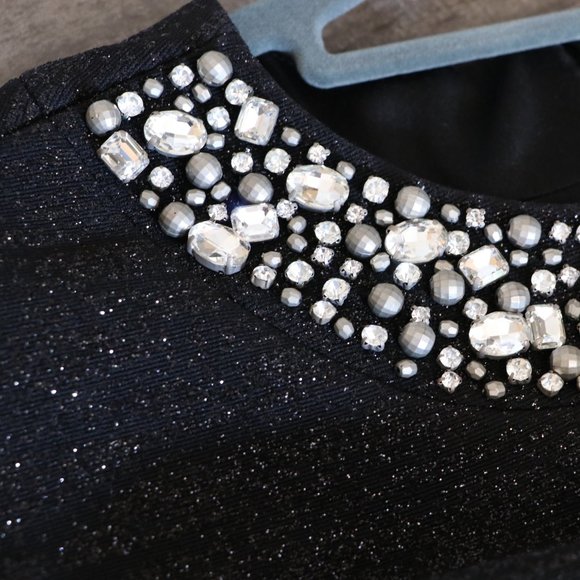 Eliza J Dresses Eliza J Black Glitter Cocktail Dress Beaded Neck 6